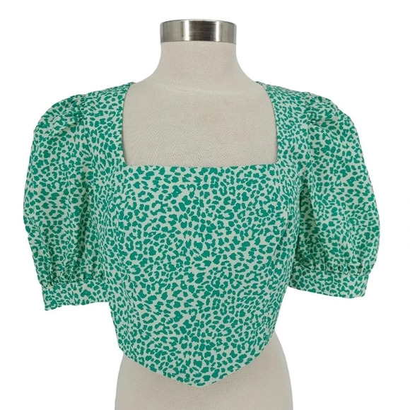 TopShop Blouse Green Leopard Puff Short Sleeve Cropped Top Shirt - Picture 2 of 11